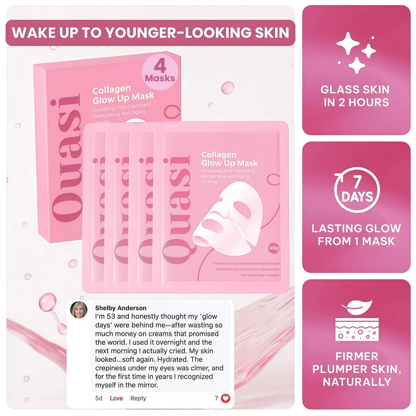Quasi Collagen Glow Up Mask 2.0, Quasi Bio Collagen Face Mask, Firm Skin Deep Hydrating Masks for Wrinkle Reduction and Pore Minimization - Glow like Glass Skin (1 Box (4 Pcs))