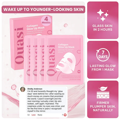 Quasi Collagen Glow Up Mask 2.0, Quasi Bio Collagen Face Mask, Firm Skin Deep Hydrating Masks for Wrinkle Reduction and Pore Minimization - Glow like Glass Skin (1 Box (4 Pcs))