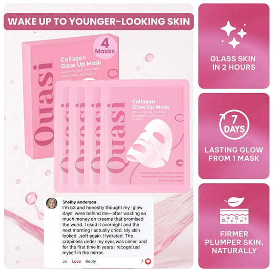 Quasi Collagen Glow Up Mask 2.0, Quasi Bio Collagen Face Mask, Firm Skin Deep Hydrating Masks for Wrinkle Reduction and Pore Minimization - Glow like Glass Skin (1 Box (4 Pcs))